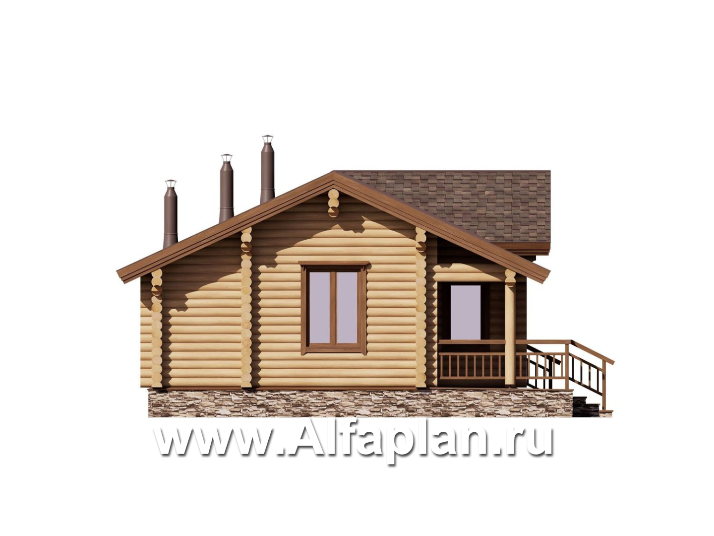 Проект гостевого дома, из дерева, из бревен, с террасой и спальней, вдоль границы участка - фасад дома