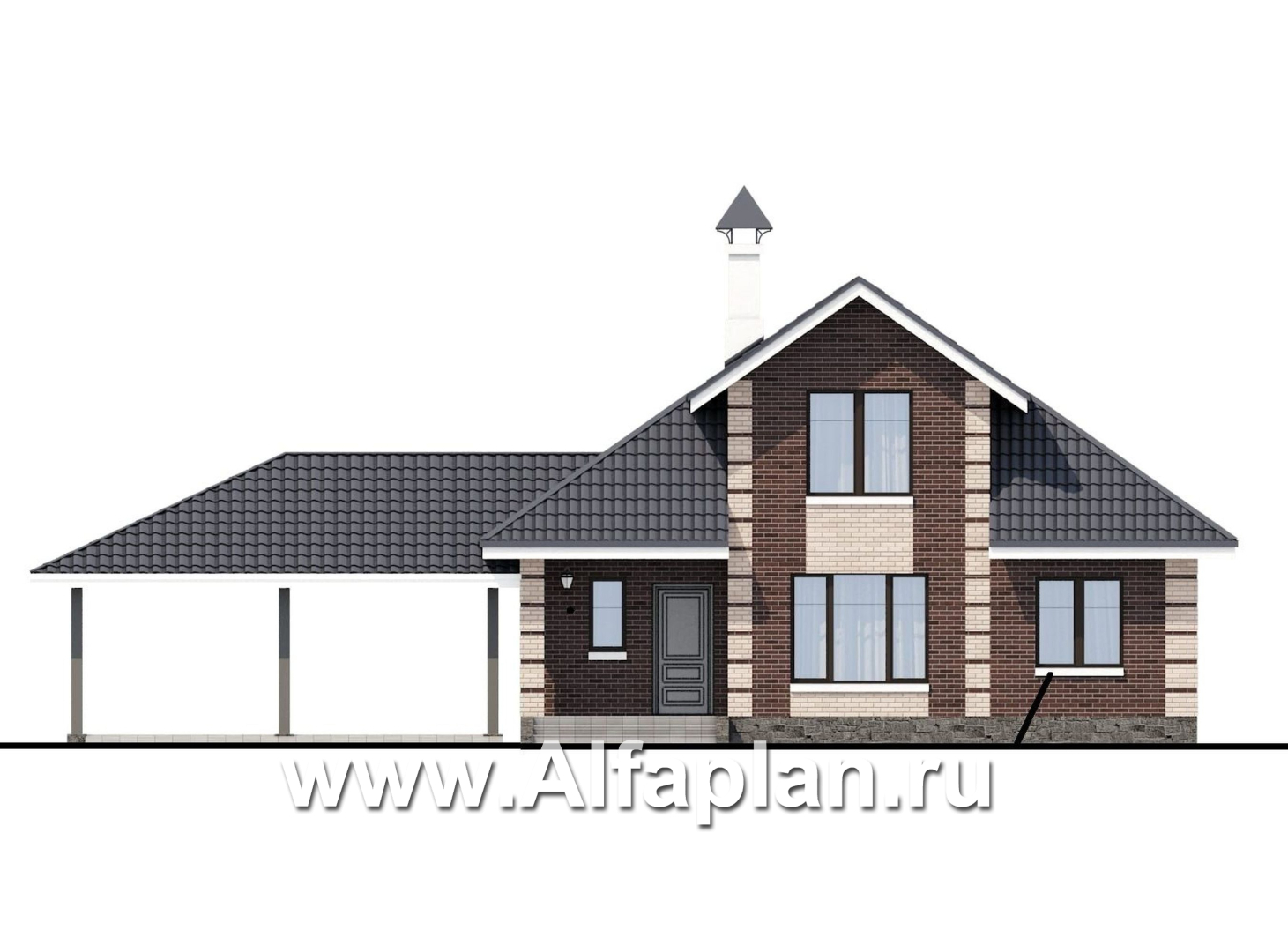 Проекты домов Альфаплан - «Замечательный сосед» - небольшой мансардный дом с гаражом-навесом на два автомобиля - изображение фасада №1