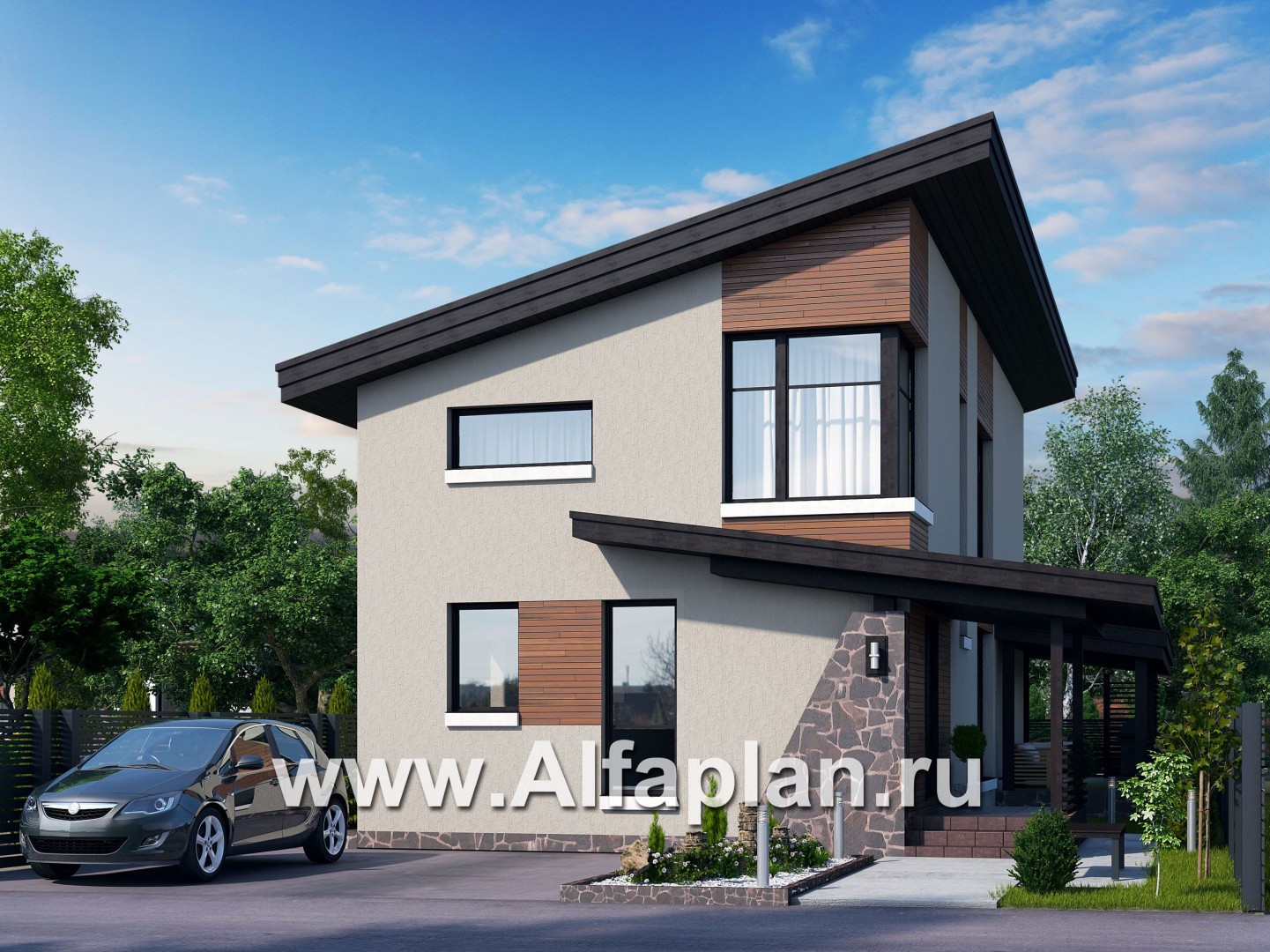 Проекты домов Альфаплан - «Писарро» - проект дома с односкатной кровлей для узкого участка - основное изображение