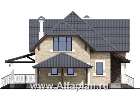 «Причал» - проект двухэтажного дома с мансардой, из кирпичей, с террасой и с навесом на 1 авто, с  удобным планом - превью фасада дома
