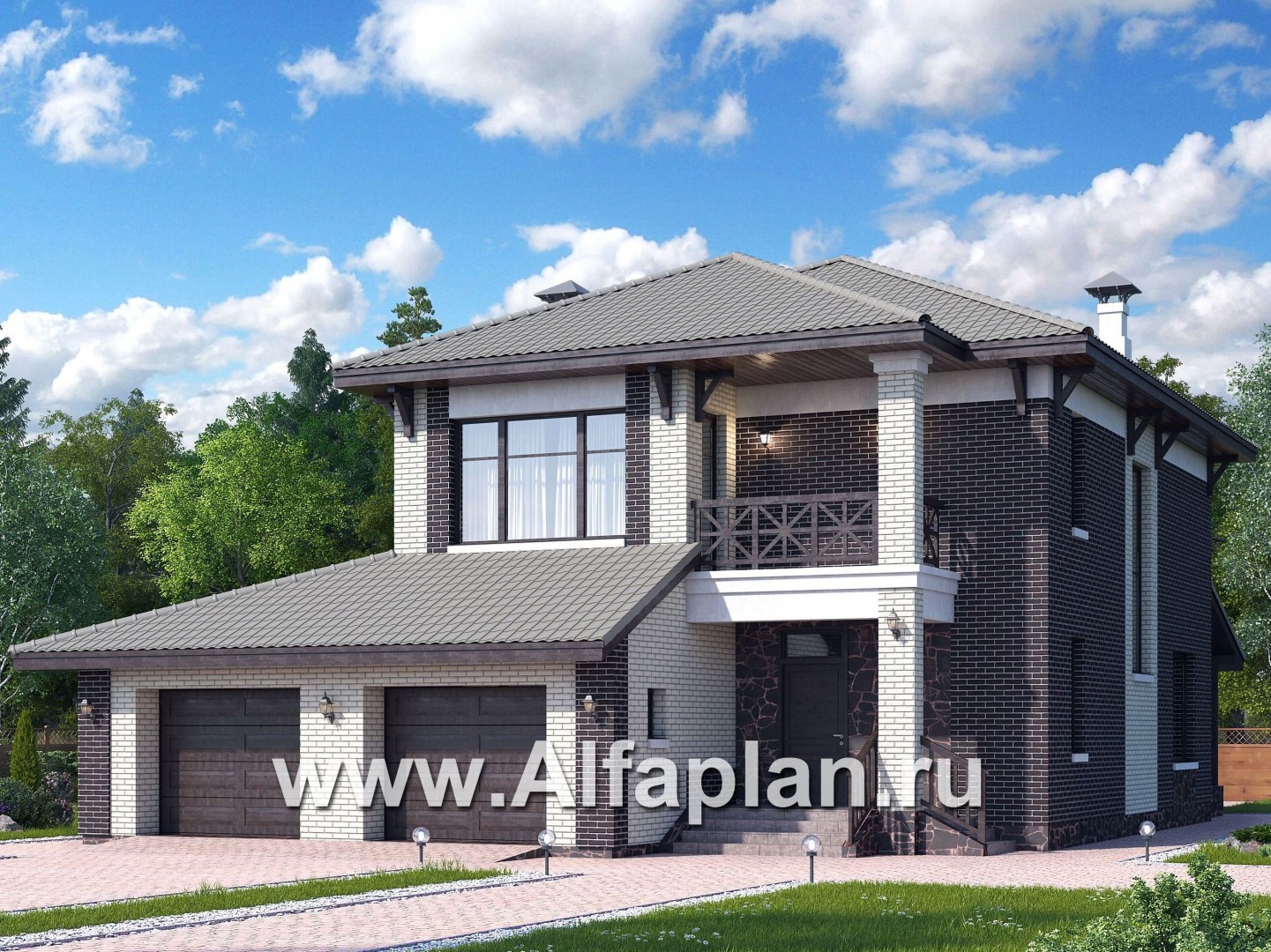 Проекты домов Альфаплан - «Вишера» - стильный дом с гаражом на два автомобиля - основное изображение