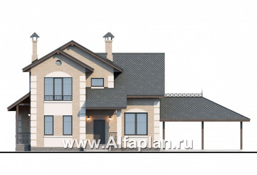 Проекты домов Альфаплан - «Verum» - двуxэтажный коттедж с компактным планом и навесом  для машин - превью фасада №1