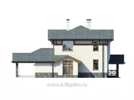 Проект двухэтажного дома, с навесом на 1 авто и с террасой, в современном стиле - превью фасада дома