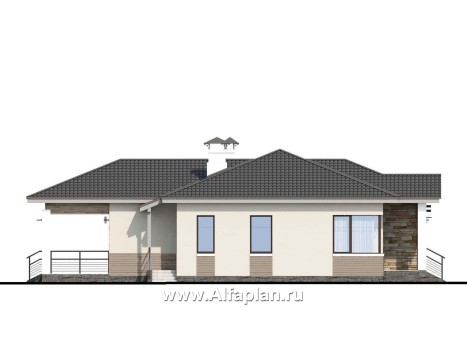 Проекты домов Альфаплан - «Витамин» - одноэтажный дом с террасой и навесом для машины - превью фасада №3