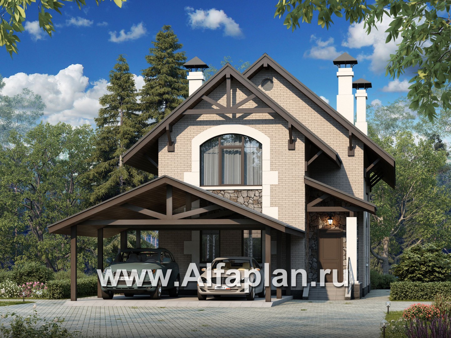 Проекты домов Альфаплан - «Одетта» - компактный дом с навесом для машины - основное изображение