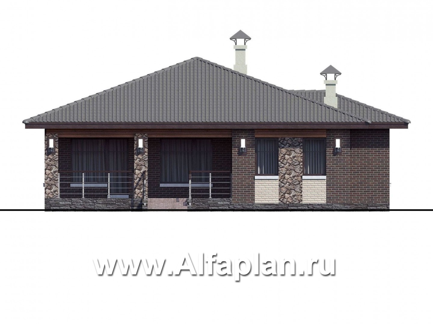 Проекты домов Альфаплан - «Волхов» - проект одноэтажного дома из кирпича с тремя спальнями - изображение фасада №4