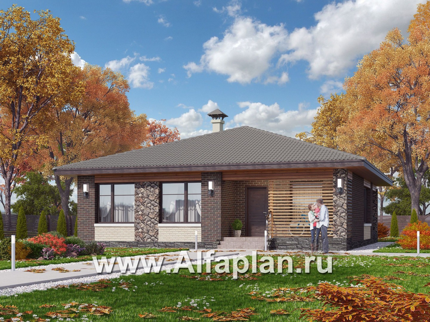 Проекты домов Альфаплан - «Волхов» - проект одноэтажного дома из кирпича с тремя спальнями - основное изображение