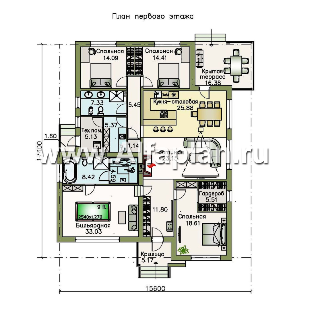 «Санта-Моника» — проект одноэтажного дома, с террасой, с биллиардной и сауной, в современном стиле - план дома