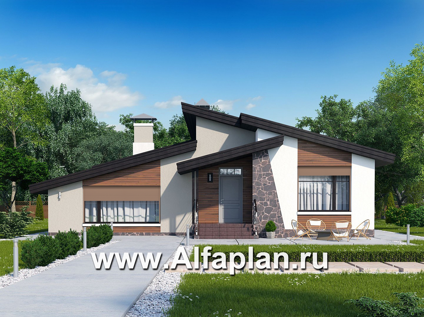 «Санта-Моника» — проект одноэтажного дома, с террасой, с биллиардной и сауной, в современном стиле - дизайн дома №1