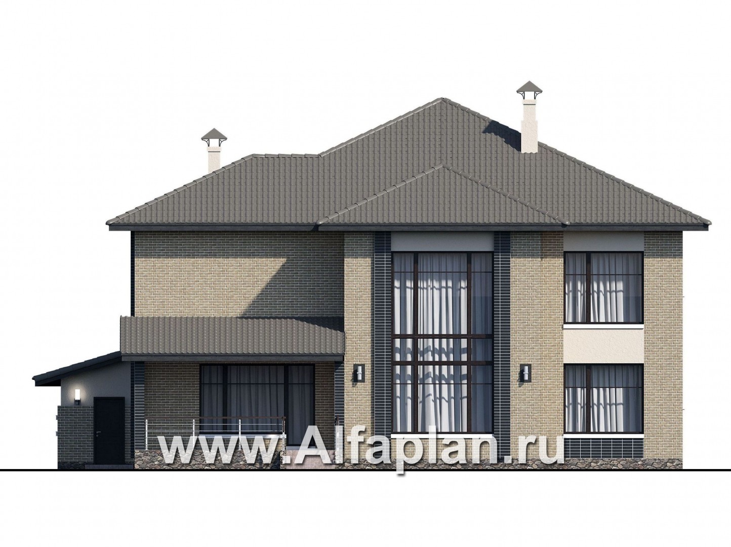Проекты домов Альфаплан - «Неман» - загородная вилла с двусветной гостиной и большим гаражом - изображение фасада №4