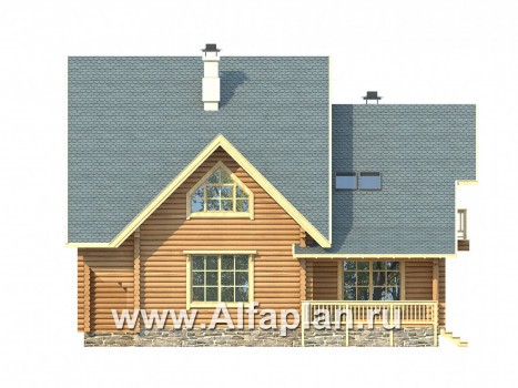 Проект деревянного дома с мансардой, из бревен, с гостевой комнатой и террасой - превью фасада дома
