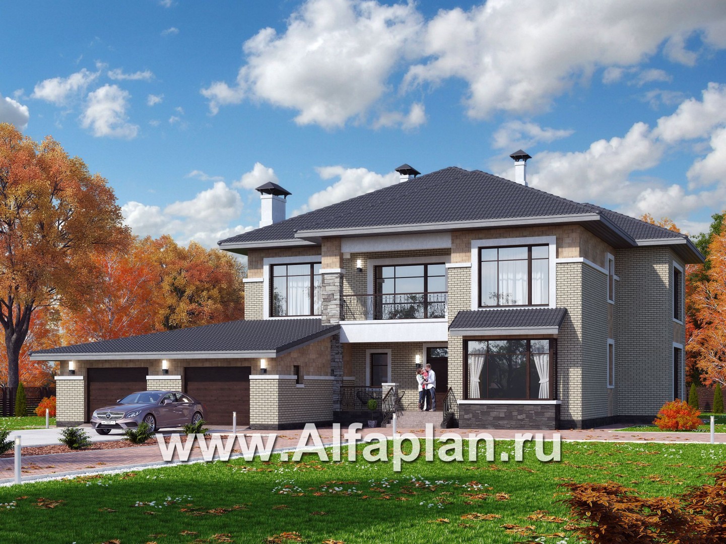 Проекты домов Альфаплан - «Висла» — особняк с двусветной столовой и гаражом на два автомобиля - основное изображение