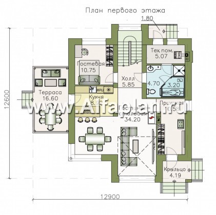 «Печора» - проект двухэтажного дома, в современном стиле, со вторым светом гостиной, с сауной и с террасой - превью план дома