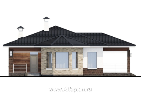 Проекты домов Альфаплан - «Гемера» - стильный одноэтажный дом с эркером и террасой - превью фасада №1