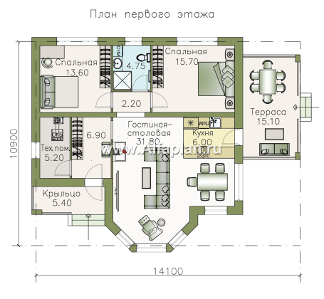Проекты домов Альфаплан - «Гемера» - стильный одноэтажный дом с эркером и террасой - превью плана проекта №1