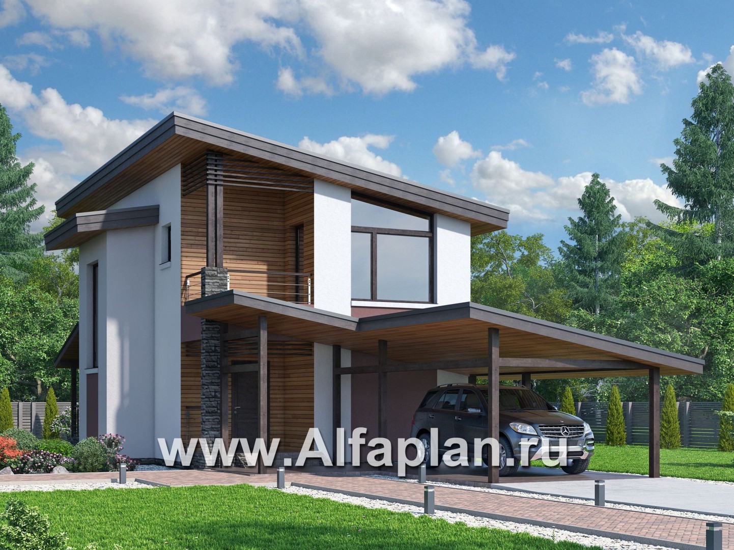 Проекты домов Альфаплан - «Арс» - дом с гаражом-навесом для узкого участка - основное изображение