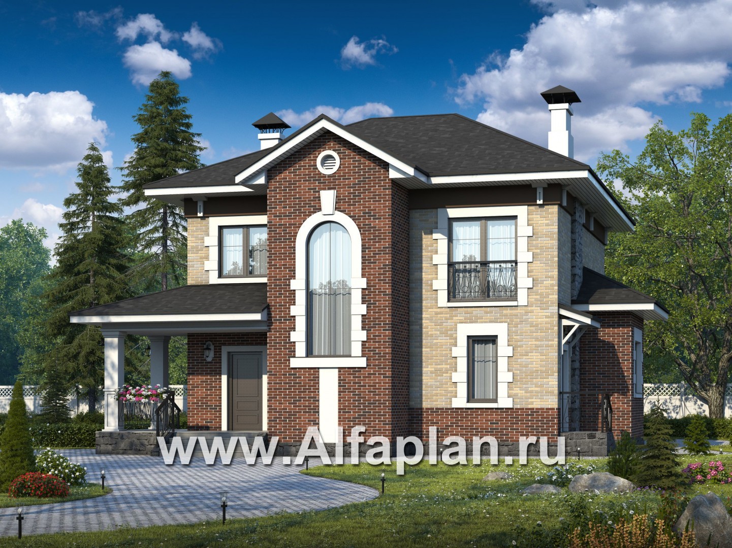 Проекты домов Альфаплан - «Равновесие» - изящный коттедж с террасами - основное изображение