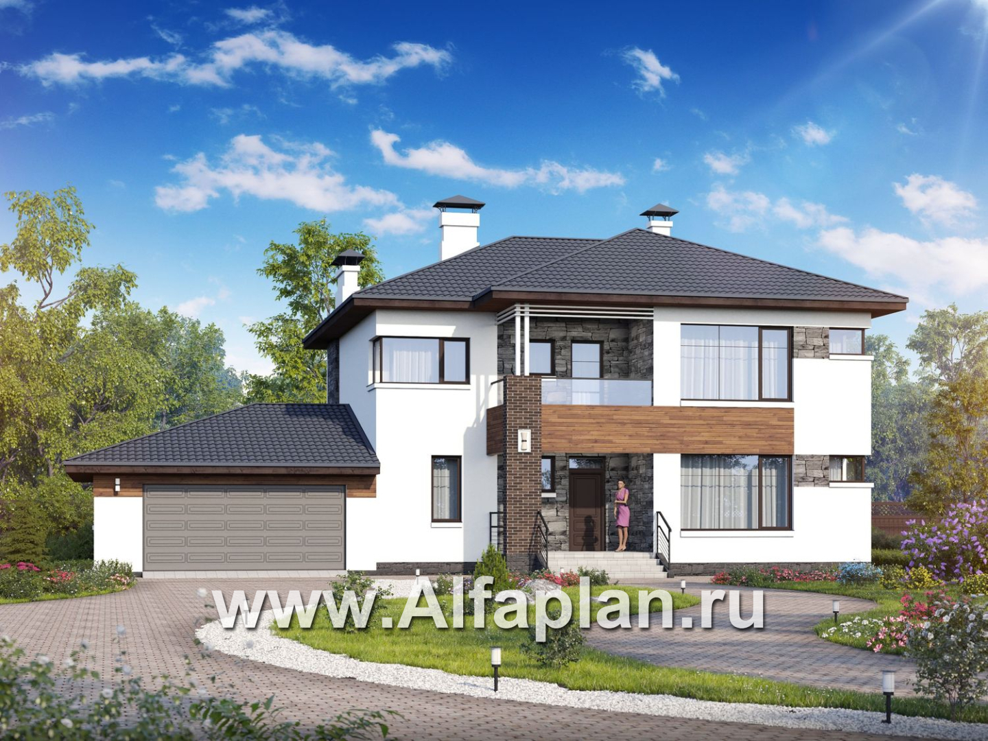 «Прайд» - проект современного двухэтажного дома, мастер спальня, с террасой и сауной, гараж на 2 авто - дизайн дома №2