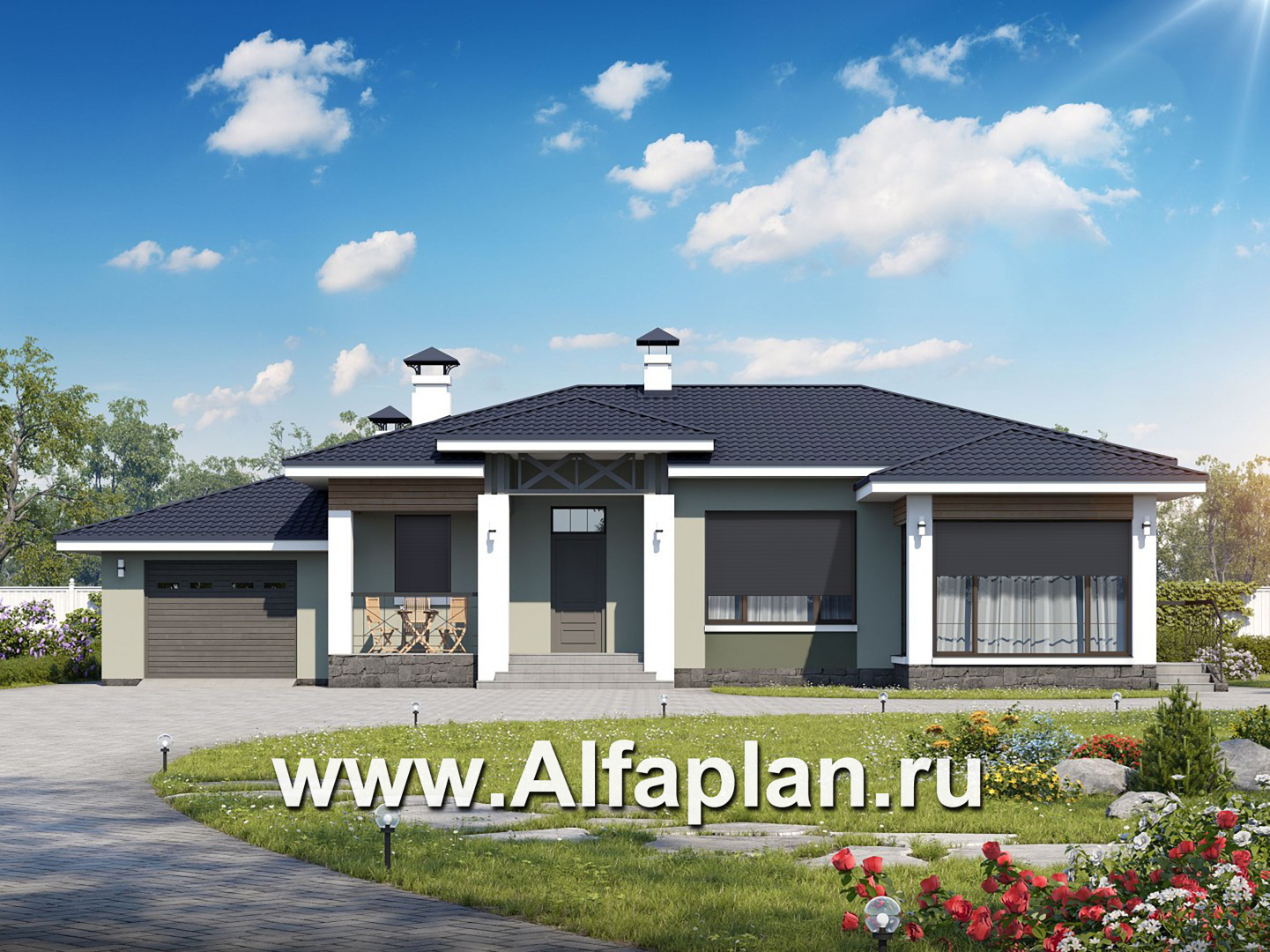 Проекты домов Альфаплан - «Теплый очаг» - компактный одноэтажный дом с гаражом - основное изображение