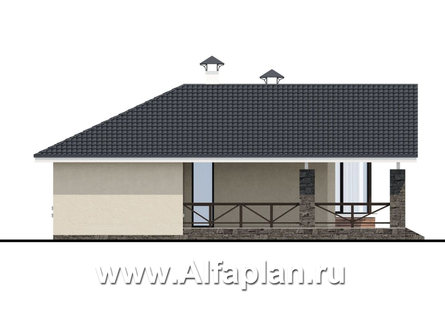 Проекты домов Альфаплан - «Яркий мир» - одноэтажный дом с высокой гостиной и просторной террасой - изображение фасада №3