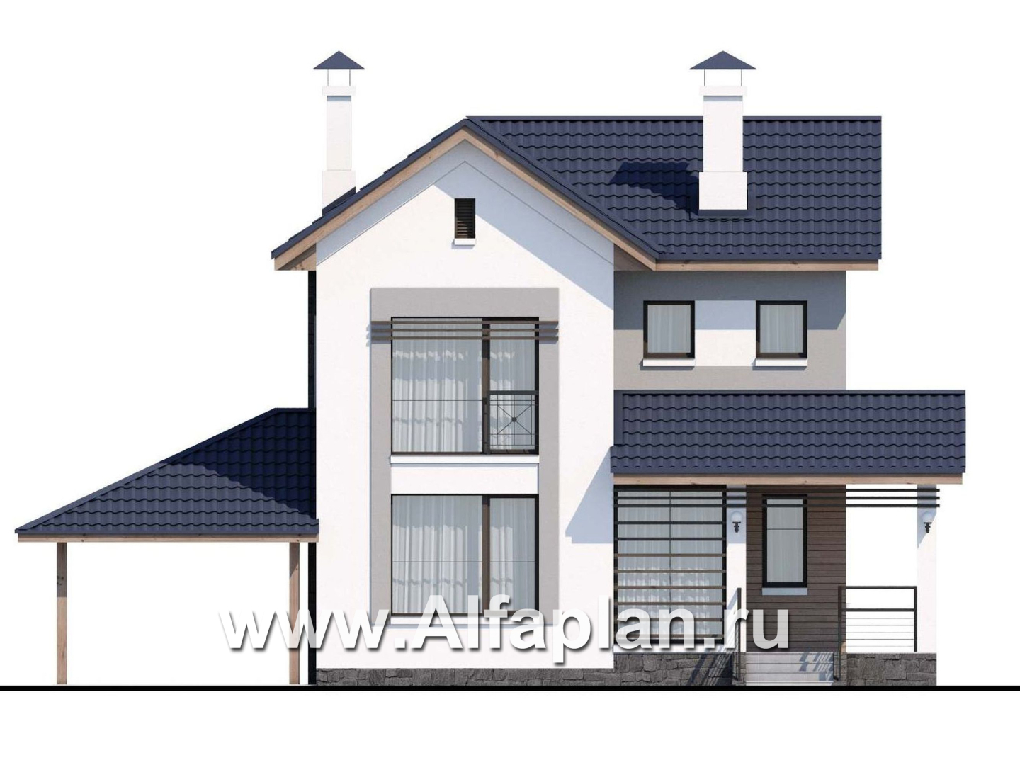 Проекты домов Альфаплан - «Каюткомпания» - экономичный дом для небольшой семьи с навесом для машины - изображение фасада №1