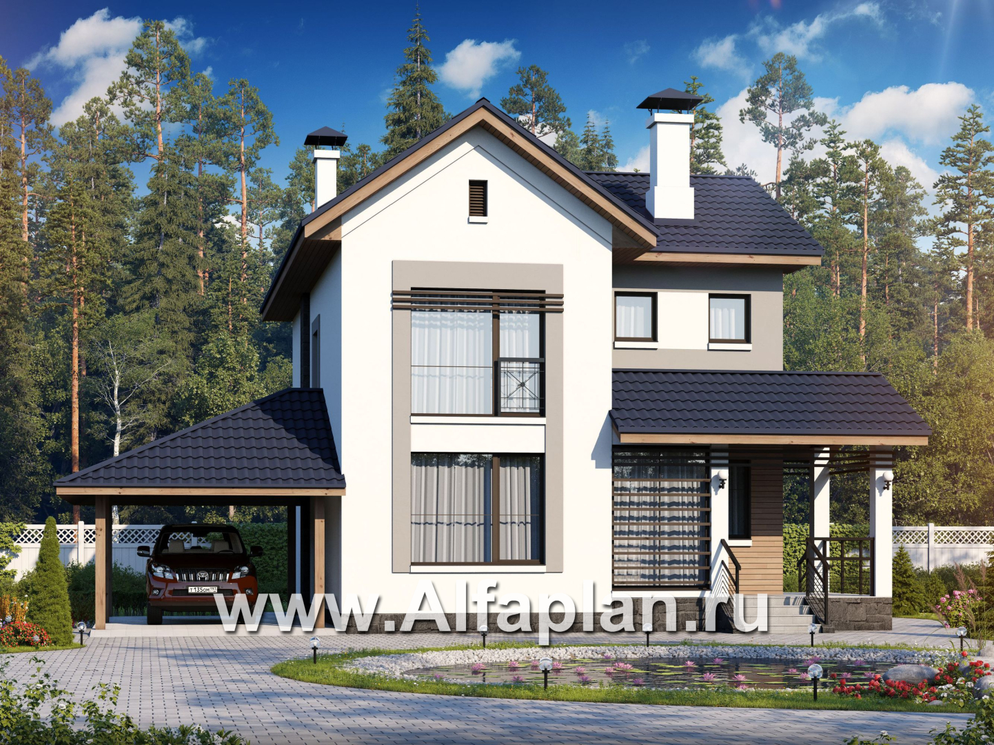 Проекты домов Альфаплан - «Каюткомпания» - экономичный дом для небольшой семьи с навесом для машины - основное изображение