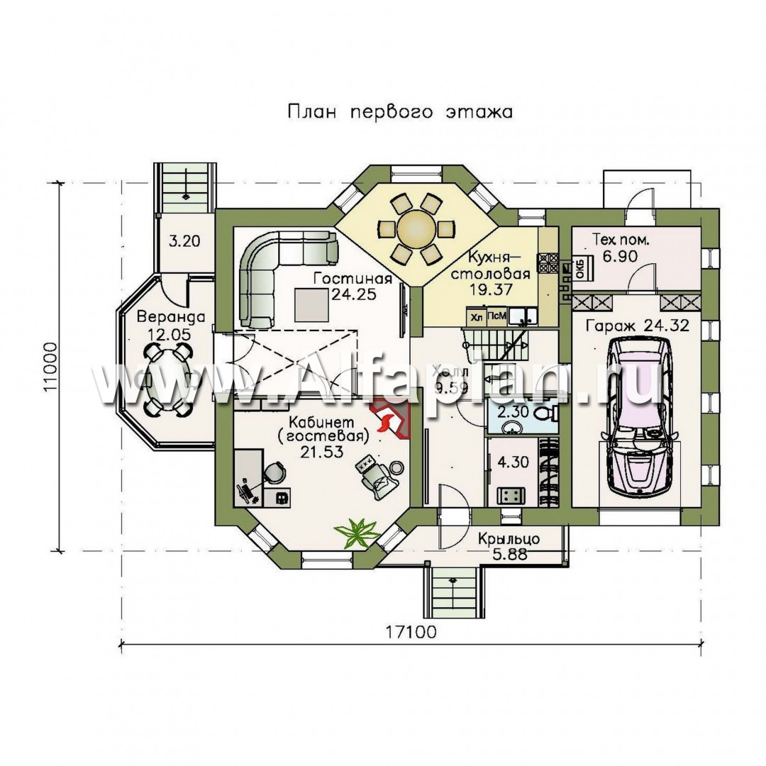 Проекты домов Альфаплан - «Грюсгот» - проект  коттеджа с гаражом и верандой - изображение плана проекта №1