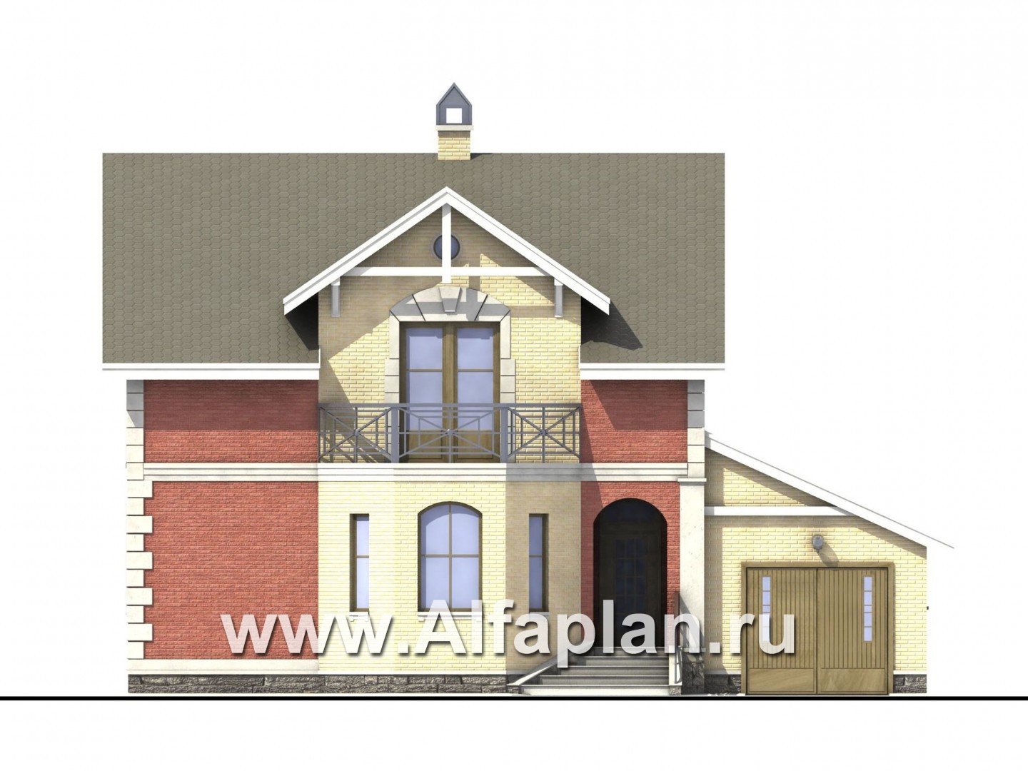 «Метц» - проект дома с мансардой, с эркером и с террасой, в английском стиле - фасад дома