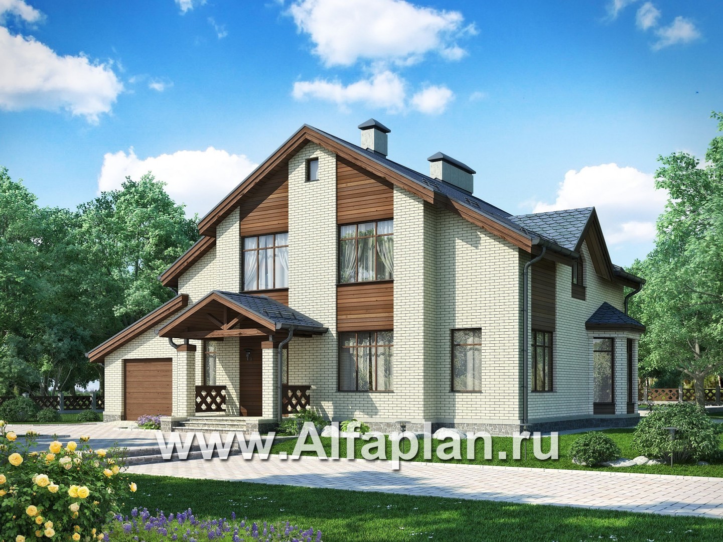 Проект двухэтажного дома из газобетона, планировка с гостевой на 1 эт, с террасой, в современном стиле - основное изображение