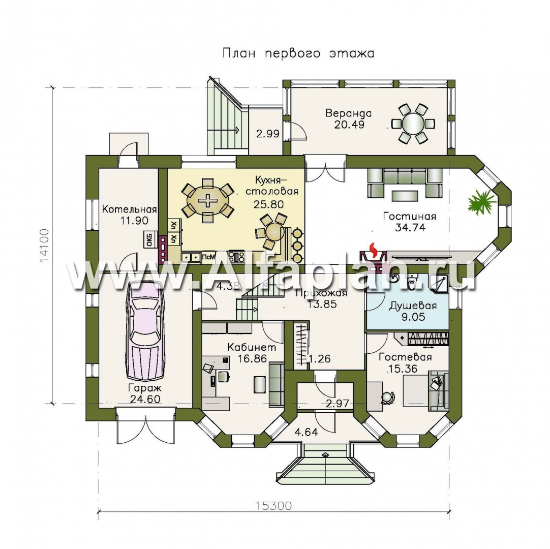 «Амбиент» - проект двухэтажного дома с двумя эркерами в стиле замка, с террасой и с гаражом на 2 авто - план дома