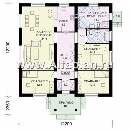 Проекты домов Альфаплан - Одноэтажный дом с удобной планировкой - превью плана проекта №1
