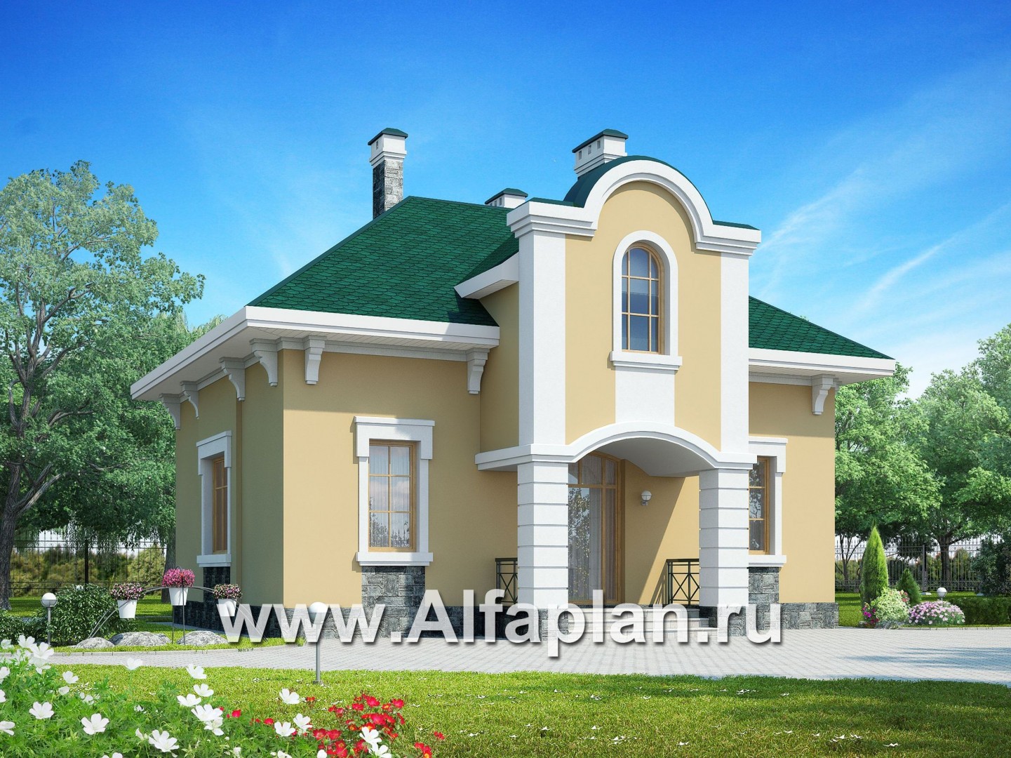 Проект дома с мансардой из газобетона, планировка 3 спальни,  в классическом стиле - основное изображение