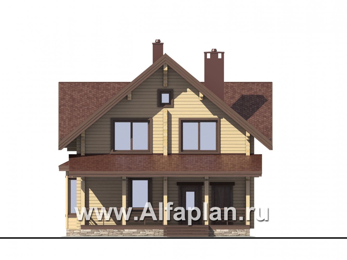 Проект двухэтажного дома из бруса, планировка с кабинетом и с эркером, терраса со стороны входа - фасад дома