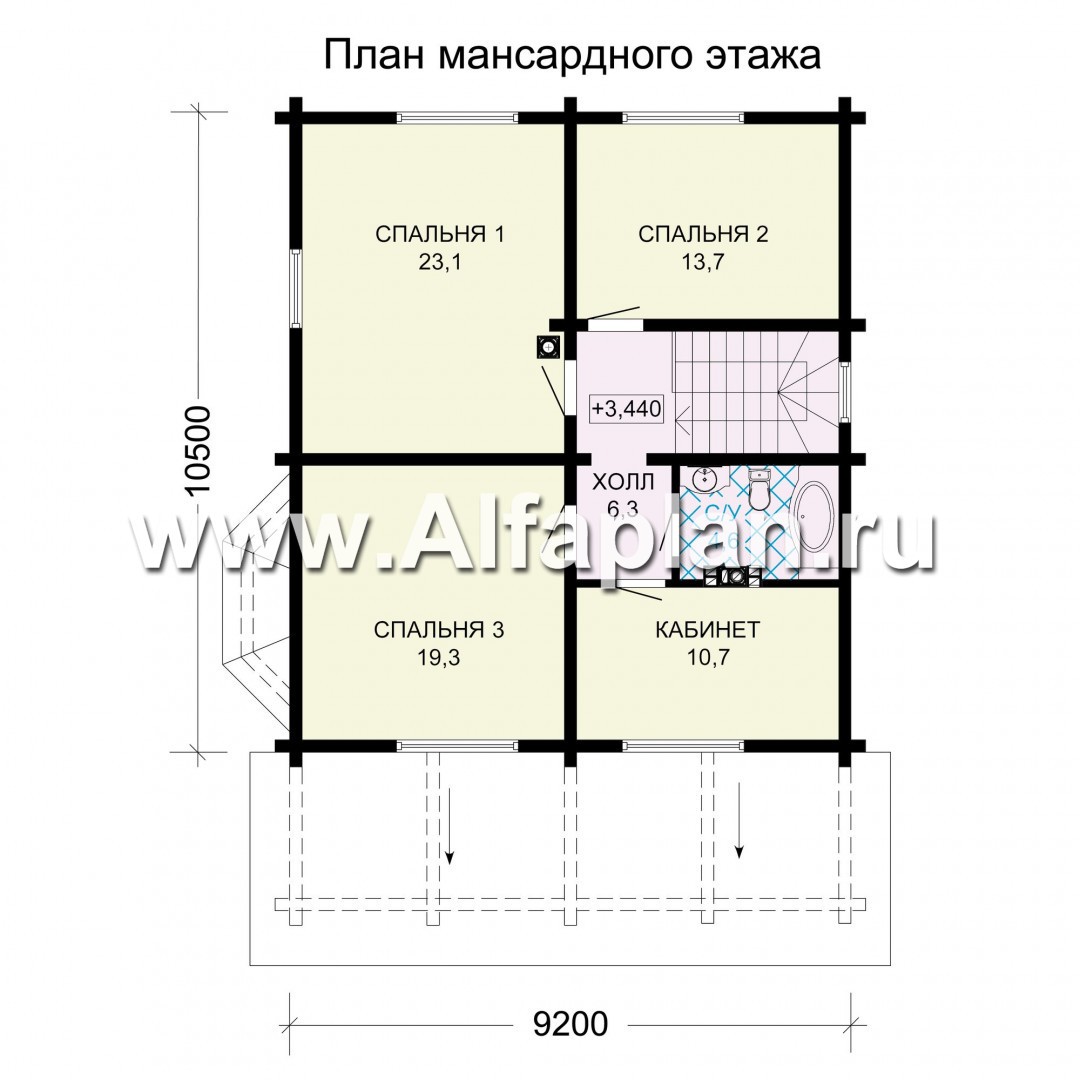 Проект двухэтажного дома из бруса, планировка с кабинетом и с эркером, терраса со стороны входа - план дома