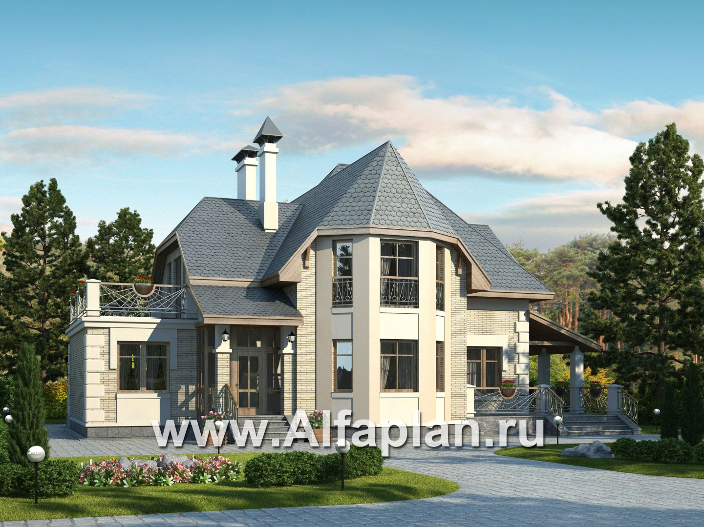 «Клио» -  проект дома с мансардой, с эркером и с террасой, с гостевой квартирой - дизайн дома №1