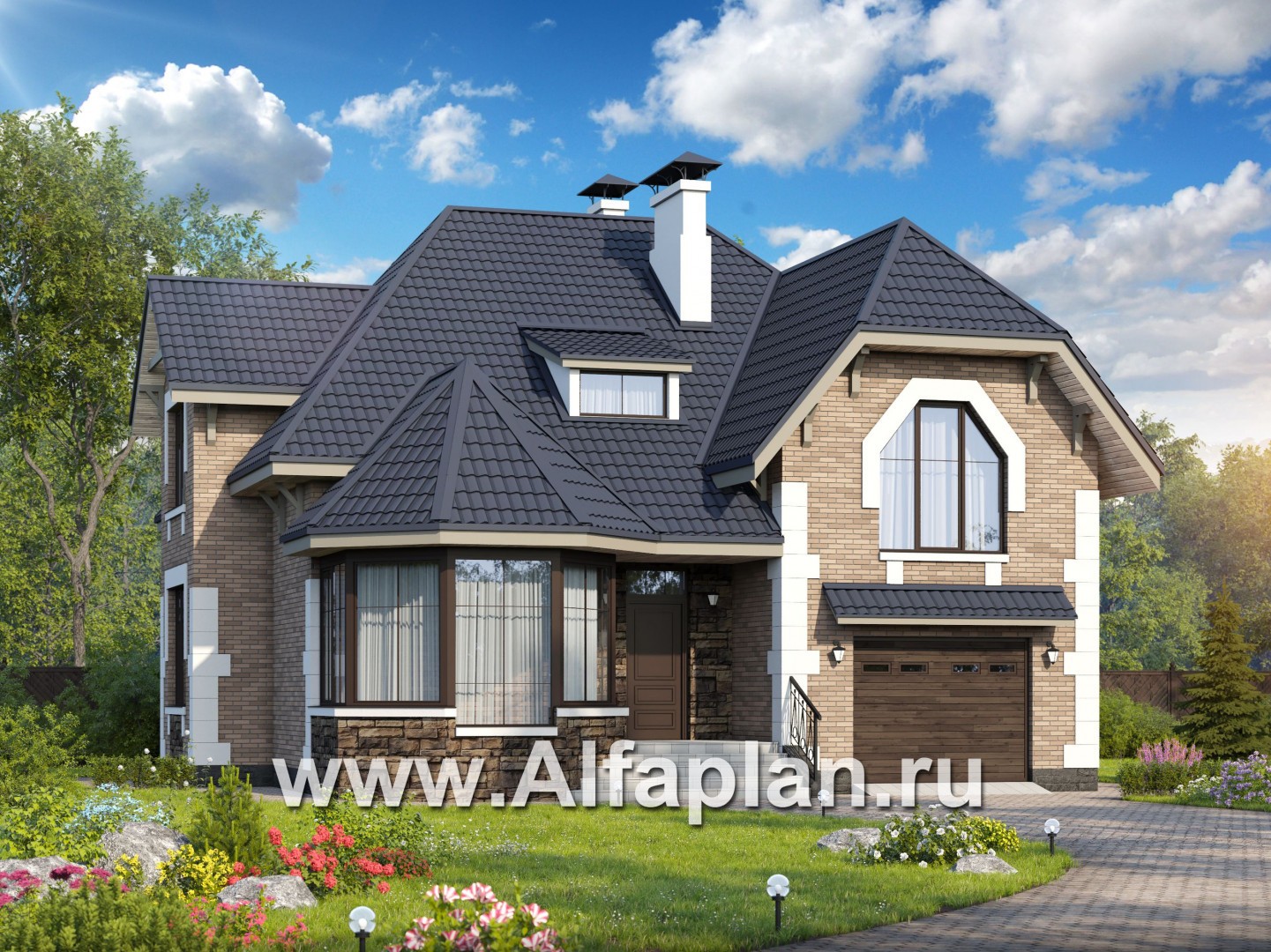 Проекты домов Альфаплан - «Корона» - коттедж с гаражом и красивым эркером - основное изображение