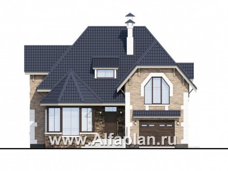 Проекты домов Альфаплан - «Корона» - коттедж с гаражом и красивым эркером - превью фасада №1