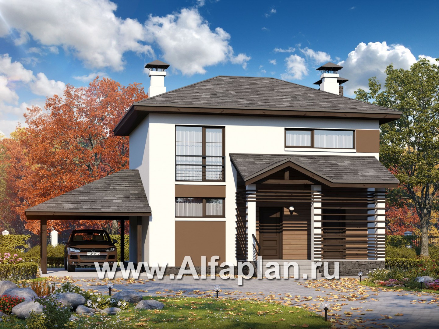 Проекты домов Альфаплан - Кирпичный дом «Панорама» - навесом - основное изображение
