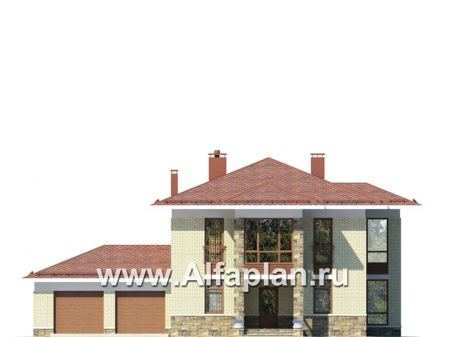 Проекты домов Альфаплан - Загородный дом с большим гаражом - изображение фасада №1