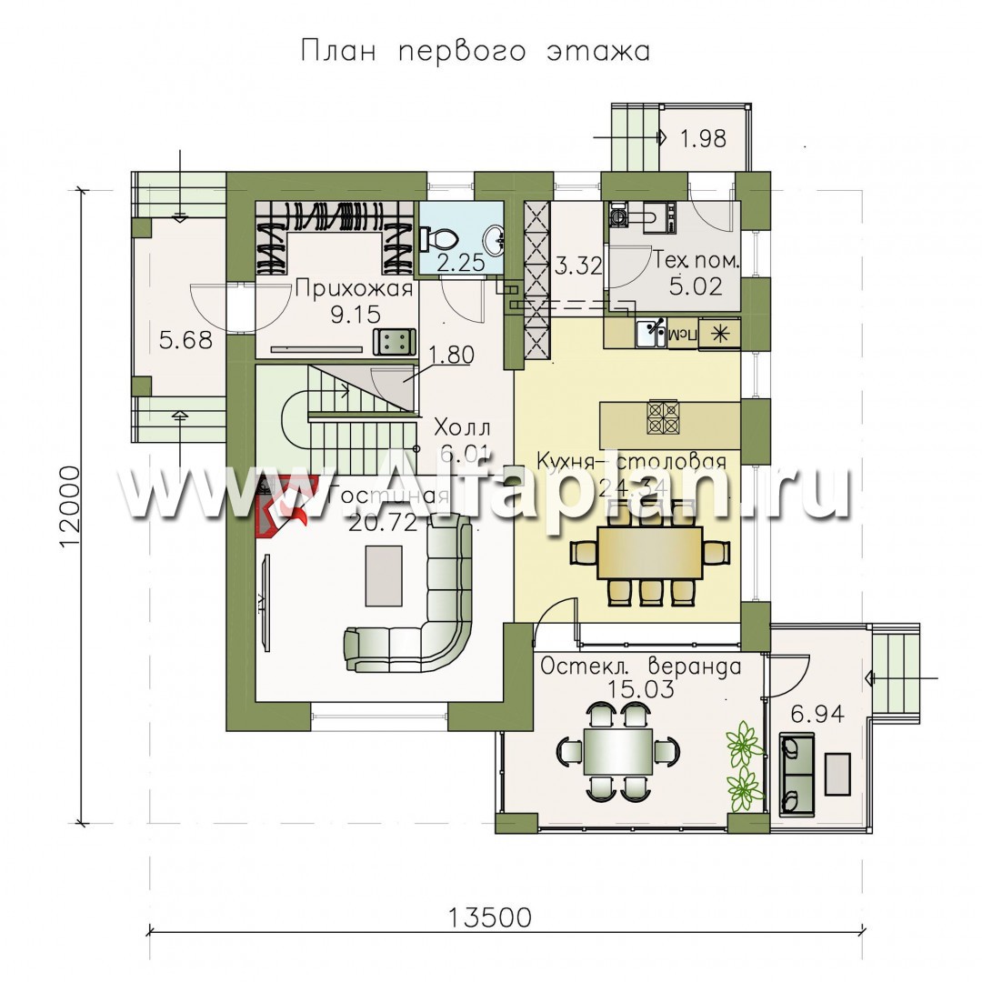 «Галант» - проект двухэтажного дома с мансардой, из кирпичей, с террасой со стороны входа - план дома