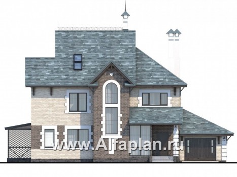 Проекты домов Альфаплан - «Северная регата» - коттедж с большой террасой, гаражом и кинозалом. - превью фасада №1