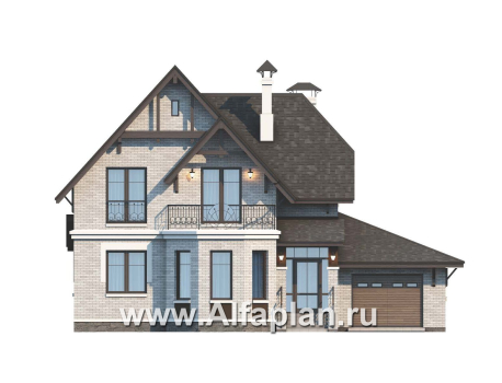 Проекты домов Альфаплан - Дом из газобетона «Шевалье» с гаражом и балконом над эркером - превью фасада №1