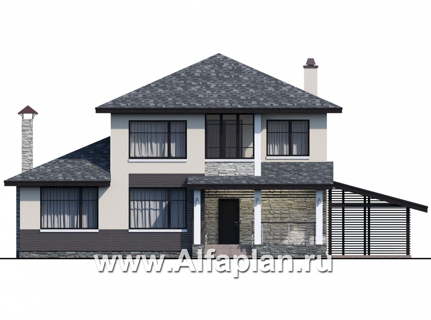 Проекты домов Альфаплан - "Одер" - стильный двухэтажный коттедж из газобетона с гаражом-навесом - изображение фасада №1