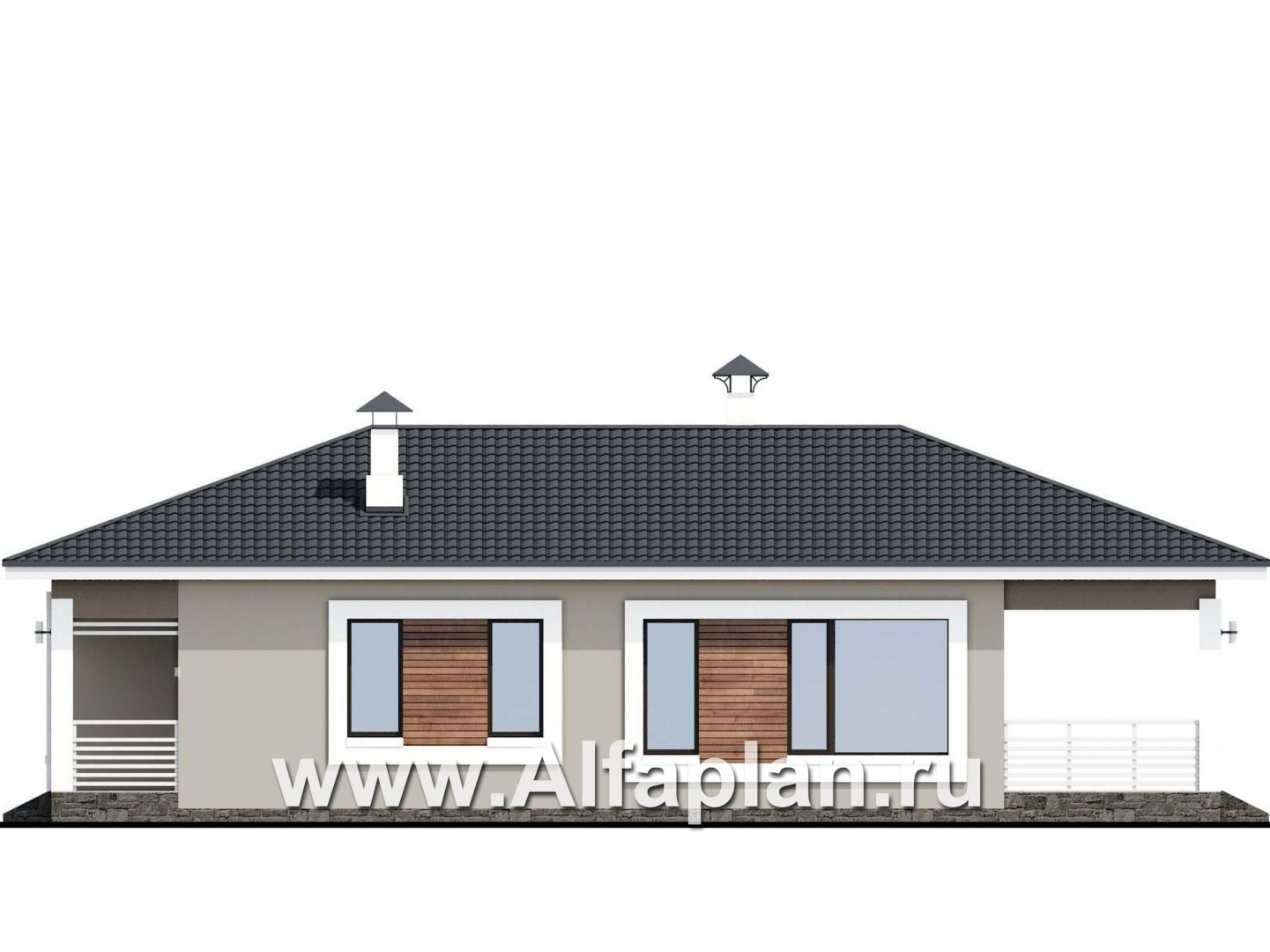 Проекты домов Альфаплан - «Каллиопа» - проект одноэтажного дома из кирпича для узкого участка с тремя спальнями - изображение фасада №2