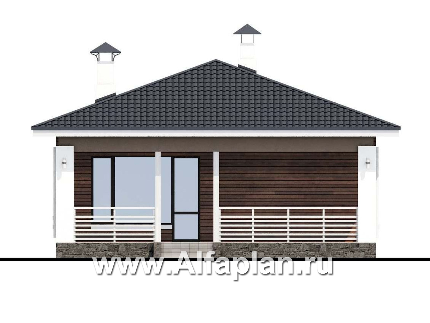 Проекты домов Альфаплан - «Каллиопа» - проект одноэтажного дома из кирпича для узкого участка с тремя спальнями - изображение фасада №4