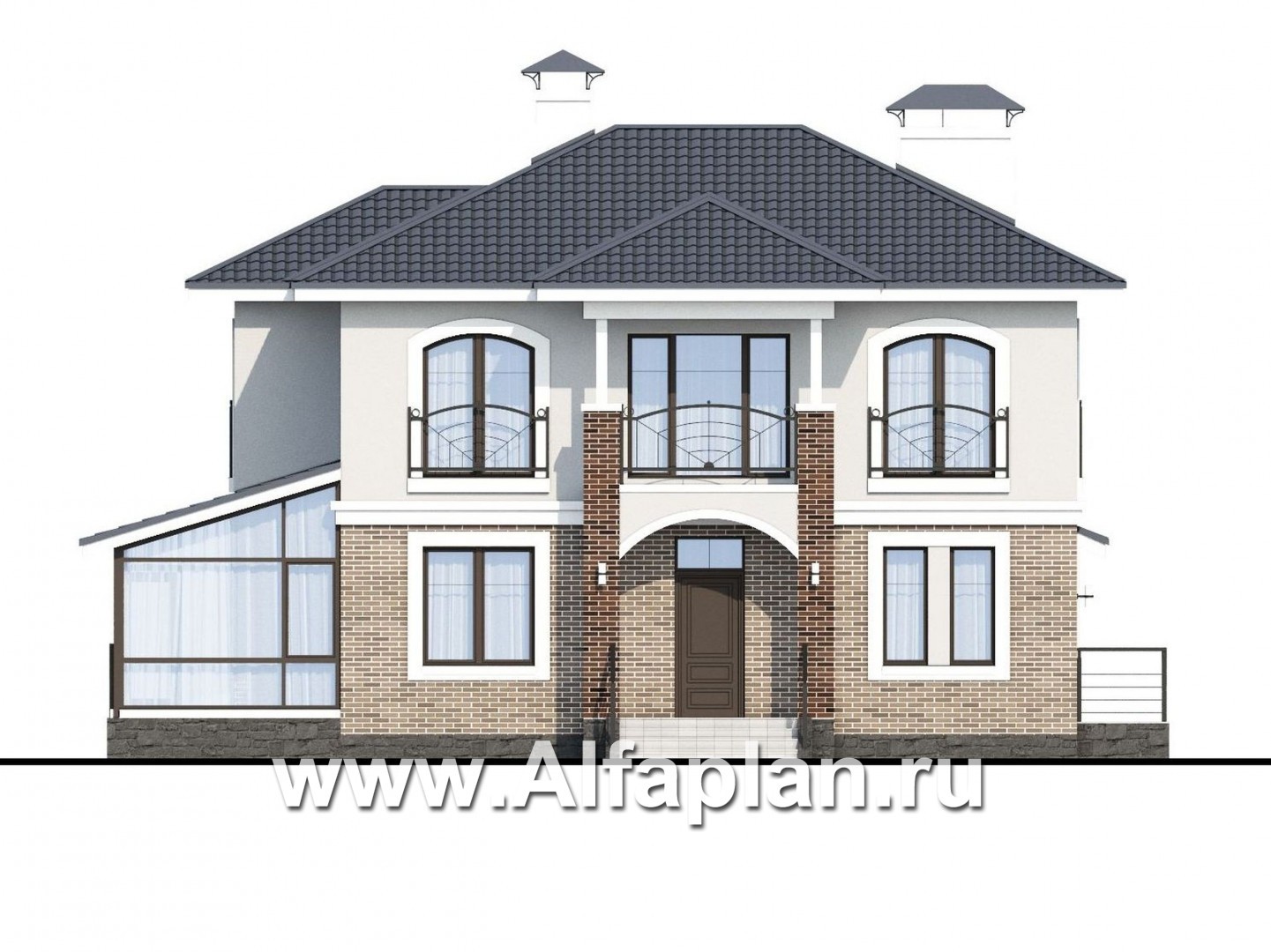 Проекты домов Альфаплан - Респектабельный коттедж с большой остекленной верандой - изображение фасада №1