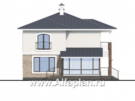 Проекты домов Альфаплан - Респектабельный коттедж с большой остекленной верандой - превью фасада №3